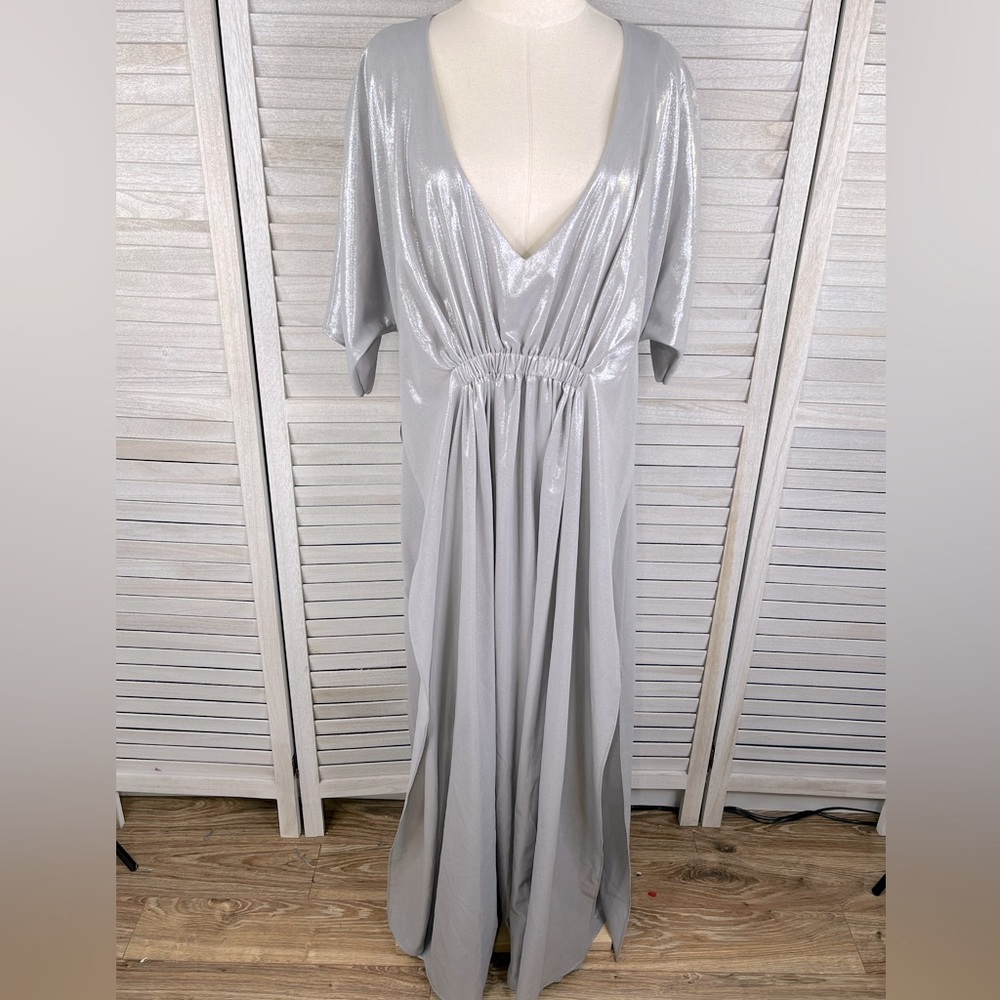 IRWIN GARDEN (New York City) Silver Maxi Dress w Deep V Neckline-L/XL